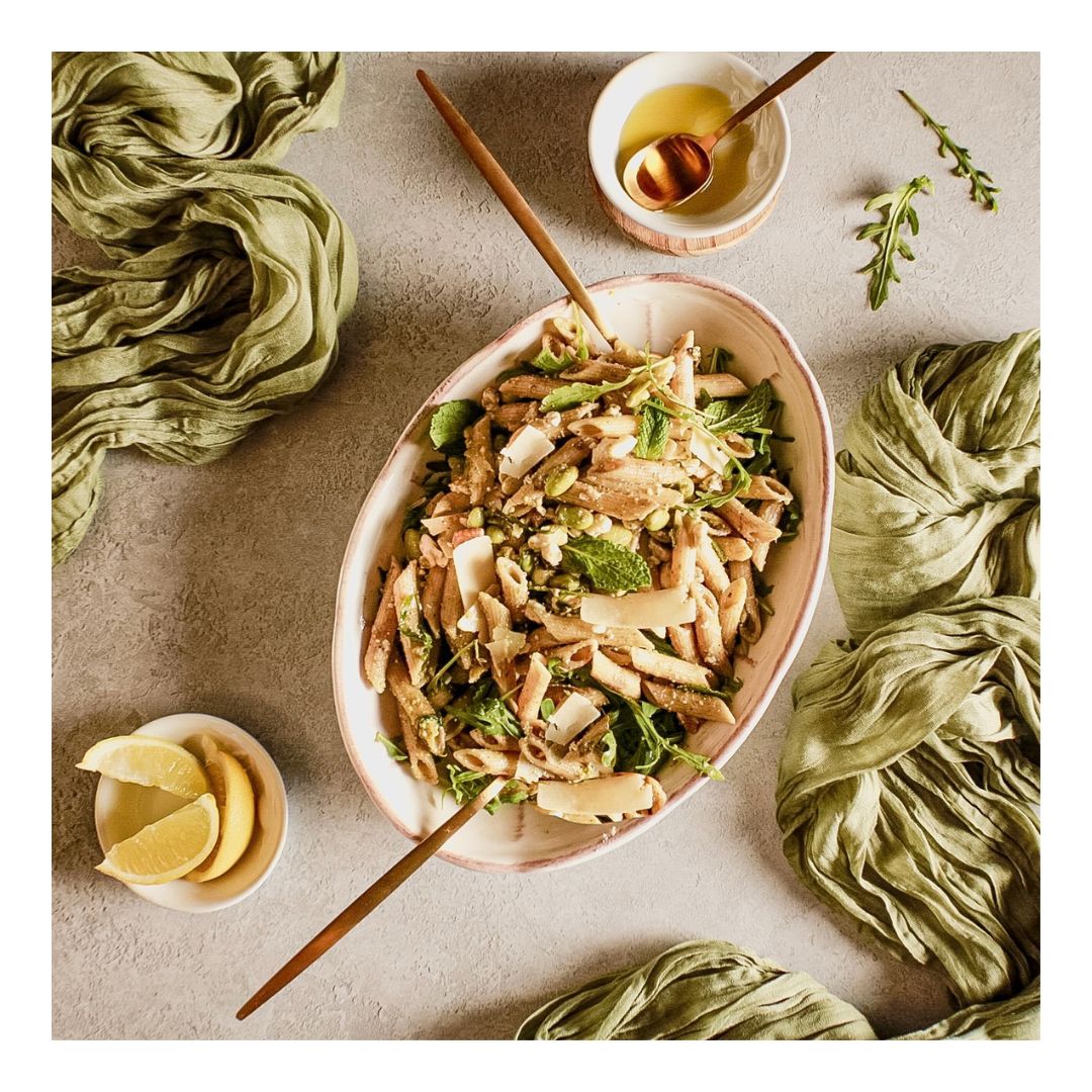 pasta with pesto in a bowl