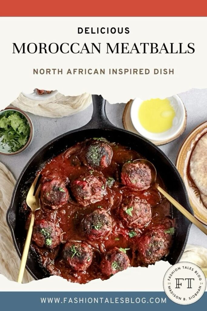 Moroccan Inspired meatballs in a black skillet