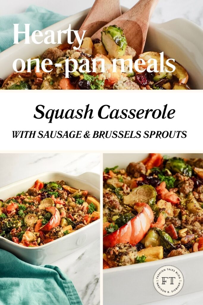 squash and sausage casserole in three images