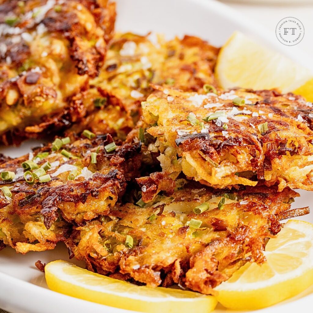 leek fritters with lemon wedges