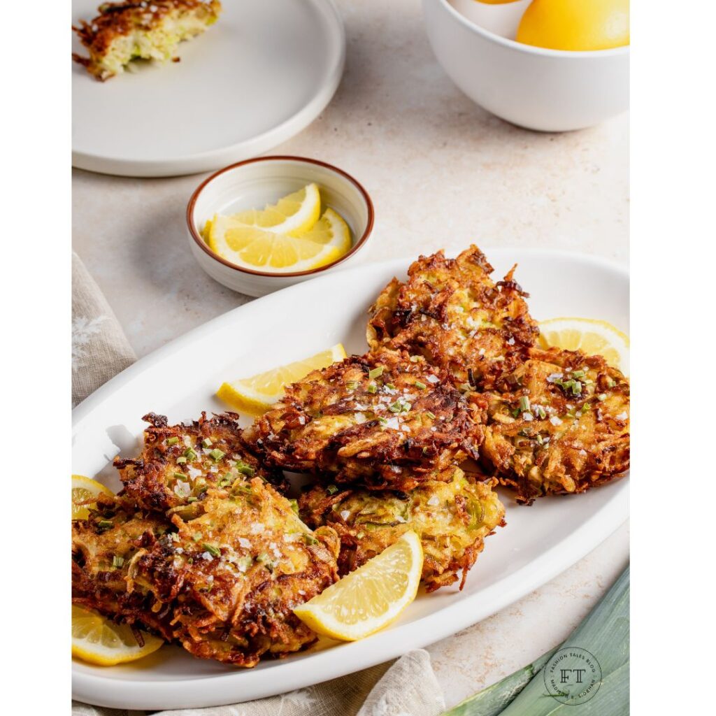 Leek patties on a white palte