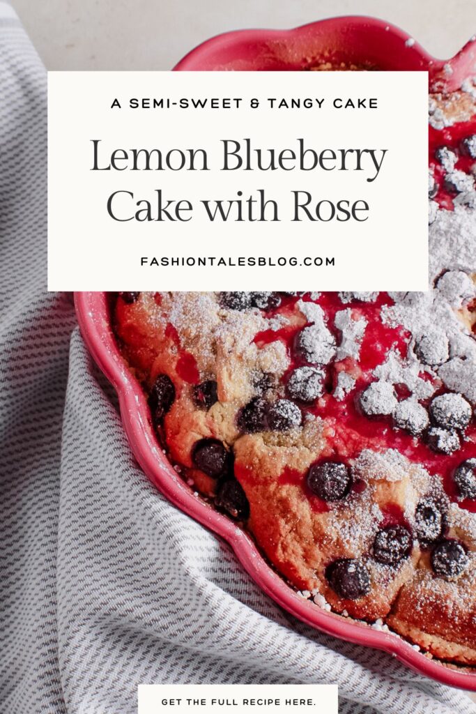 Blueberry cake image with title reading Lemon Blueberry Cake wth Rose