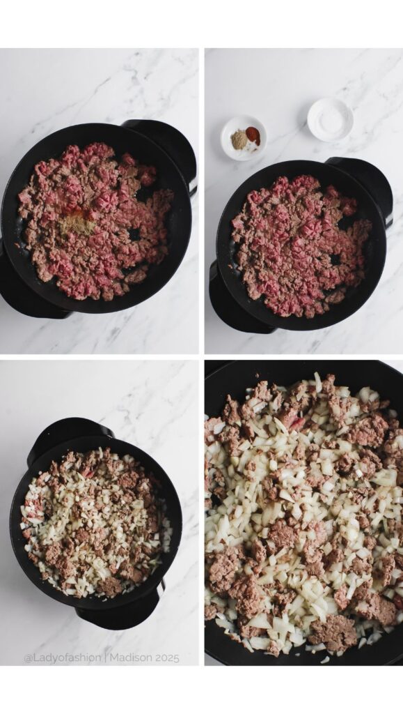 meat in skillet, second image meat and onions in skillet