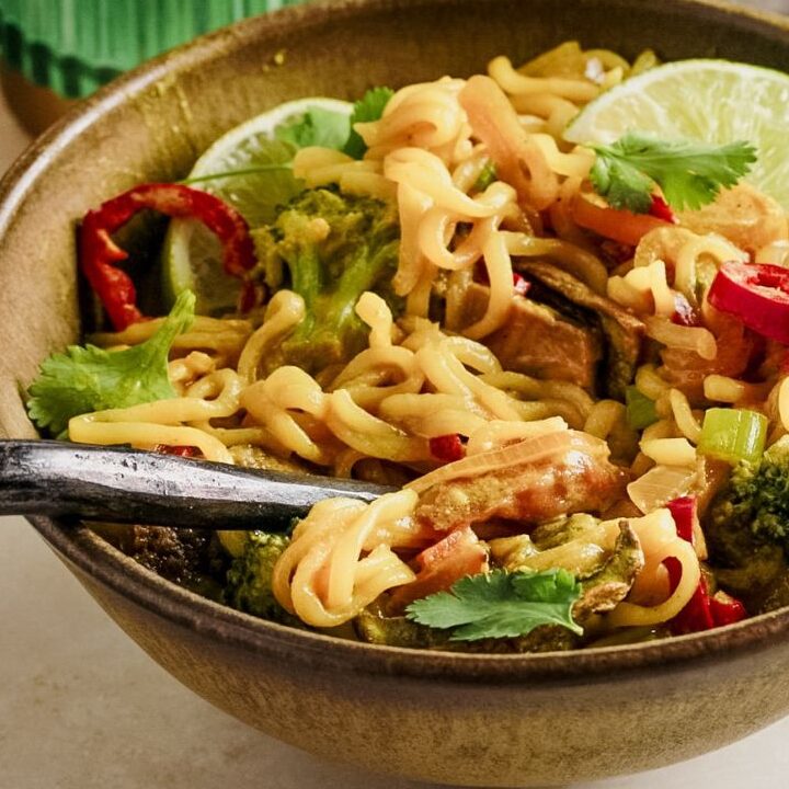 Yellow curry noodles in a bowl